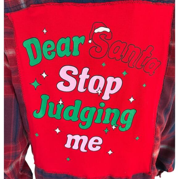 Upcycled Womens Plaid Flannel Shirt Dear Santa Stop Judging Me Christmas Holiday - Picture 2 of 6